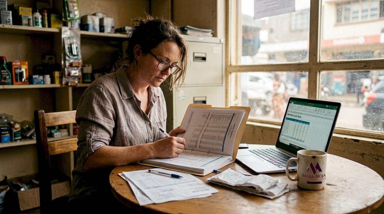 Business owner reviewing finance papers in shop office