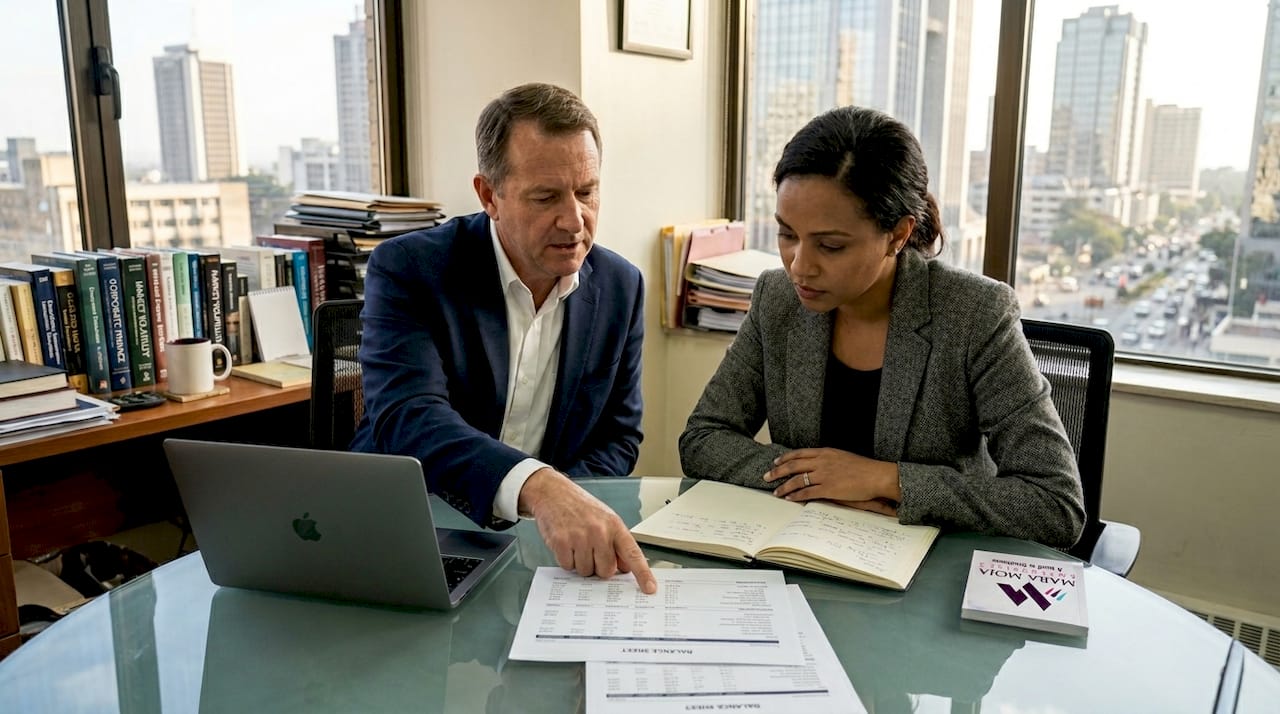 Finance manager discussing balance sheet in office