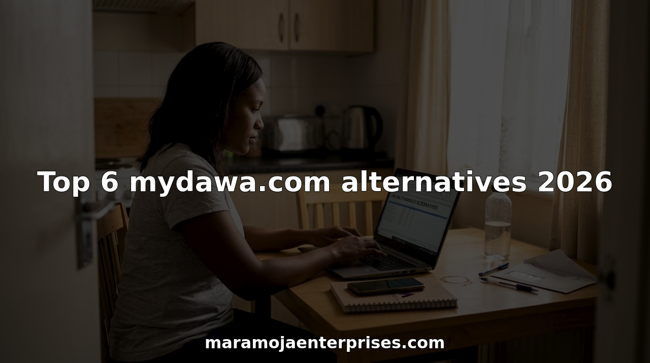 Woman comparing online pharmacies at kitchen table