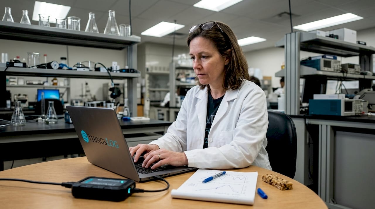 Scientist reviews sensor data on lab laptop