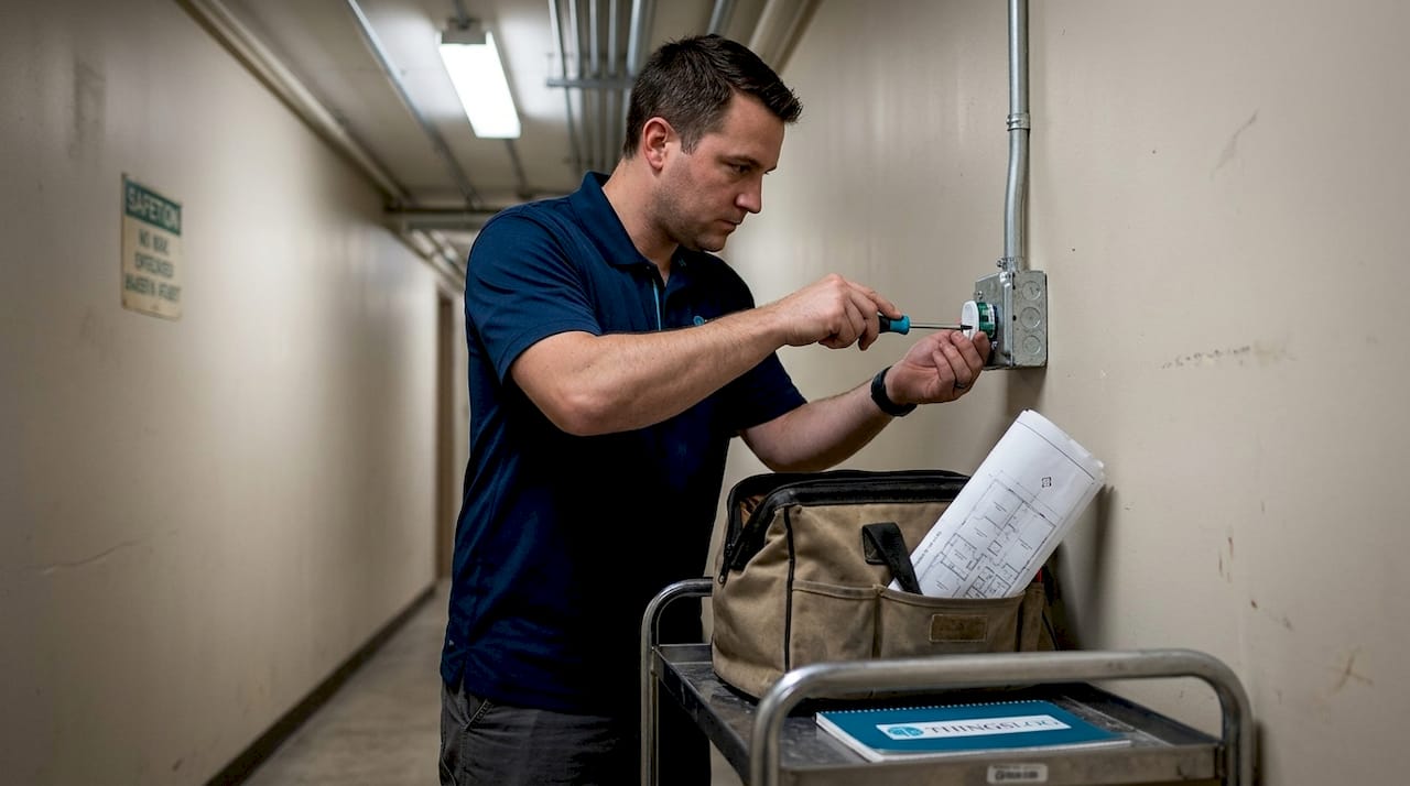Technician installing IoT sensor in basement