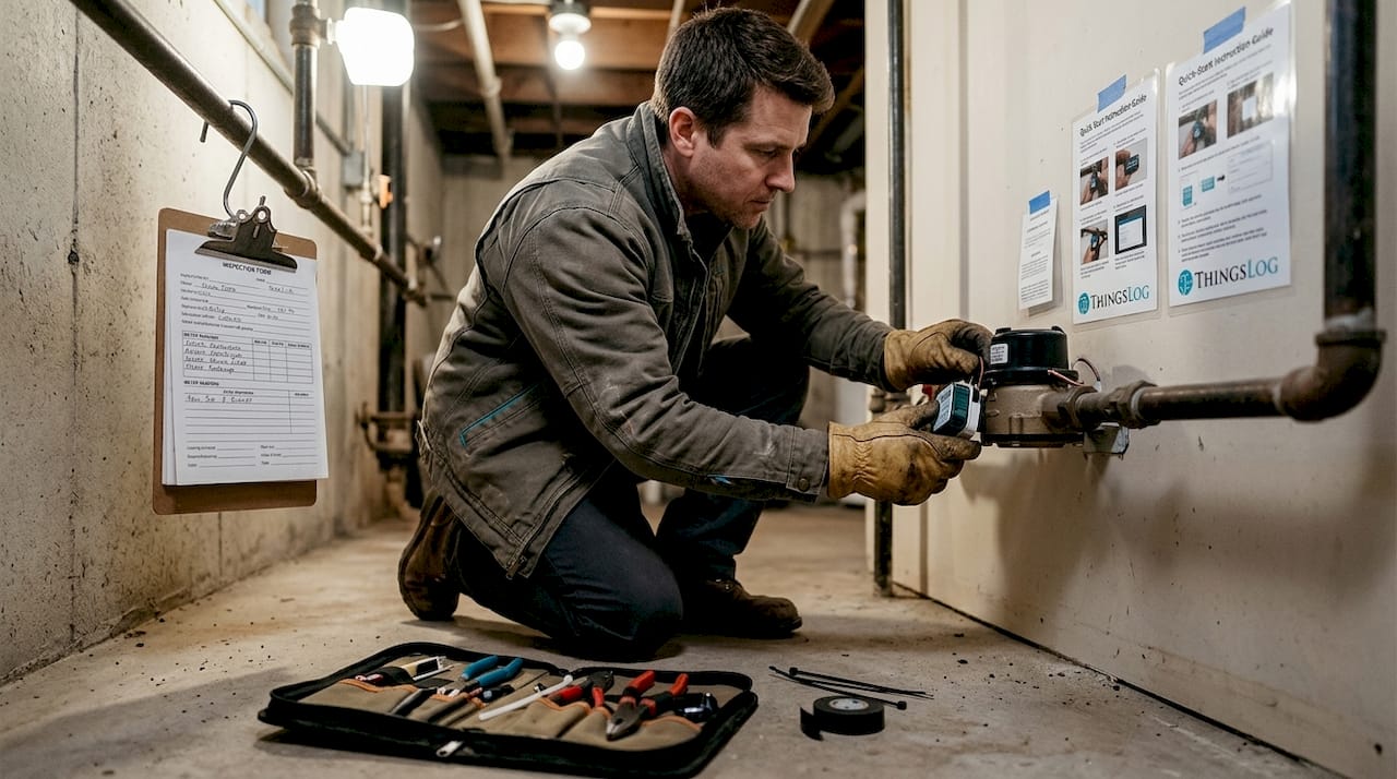 Technician installs IoT sensor on water meter
