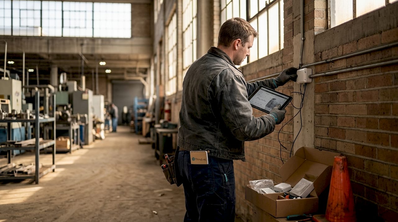 Technician installing wall sensor in factory corridor