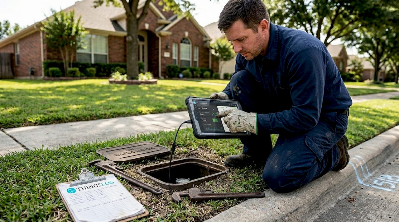 Technician checking smart water meter in neighborhood
