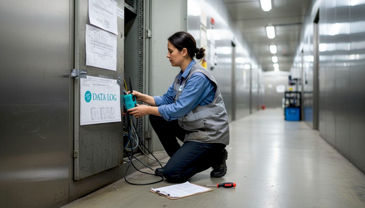 Engineer installing 4G data logger in equipment rack