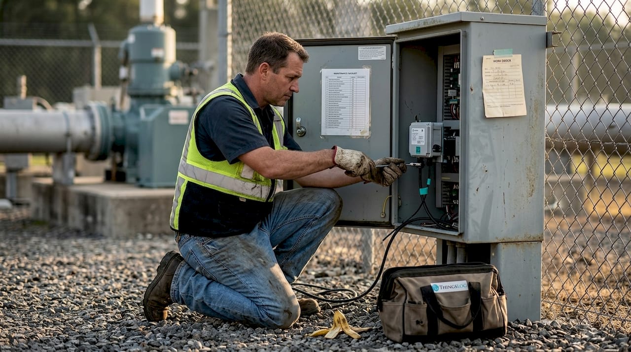 Field technician installs IoT sensor outdoors