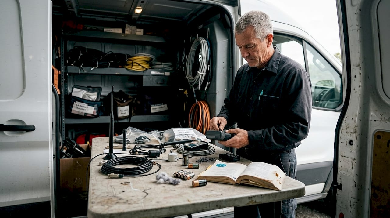 Engineer replacing logger battery in van