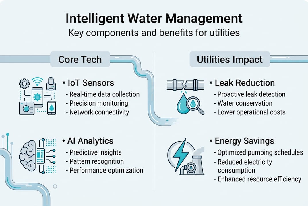 Infographic showing core tech and impact of intelligent water management