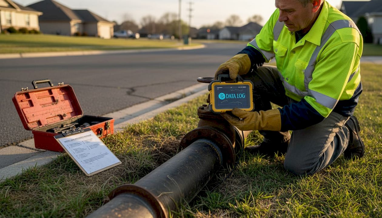 Worker inspects water logger during pipeline maintenance
