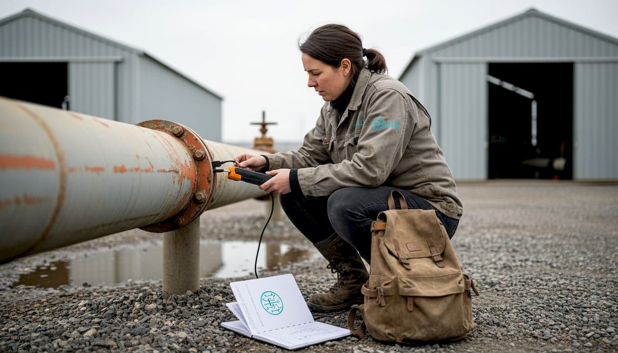 Engineer manually collecting logger data beside pipeline