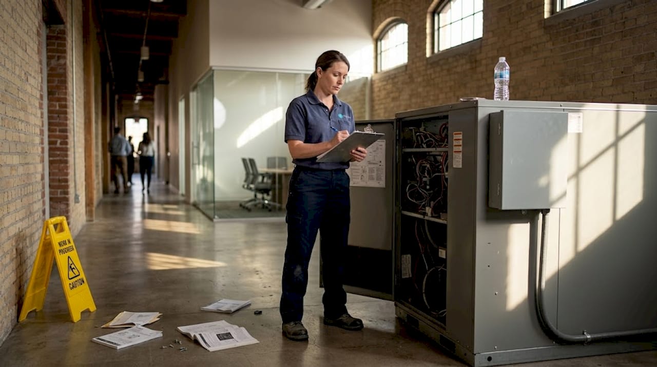 Technician inspects office HVAC for monitoring