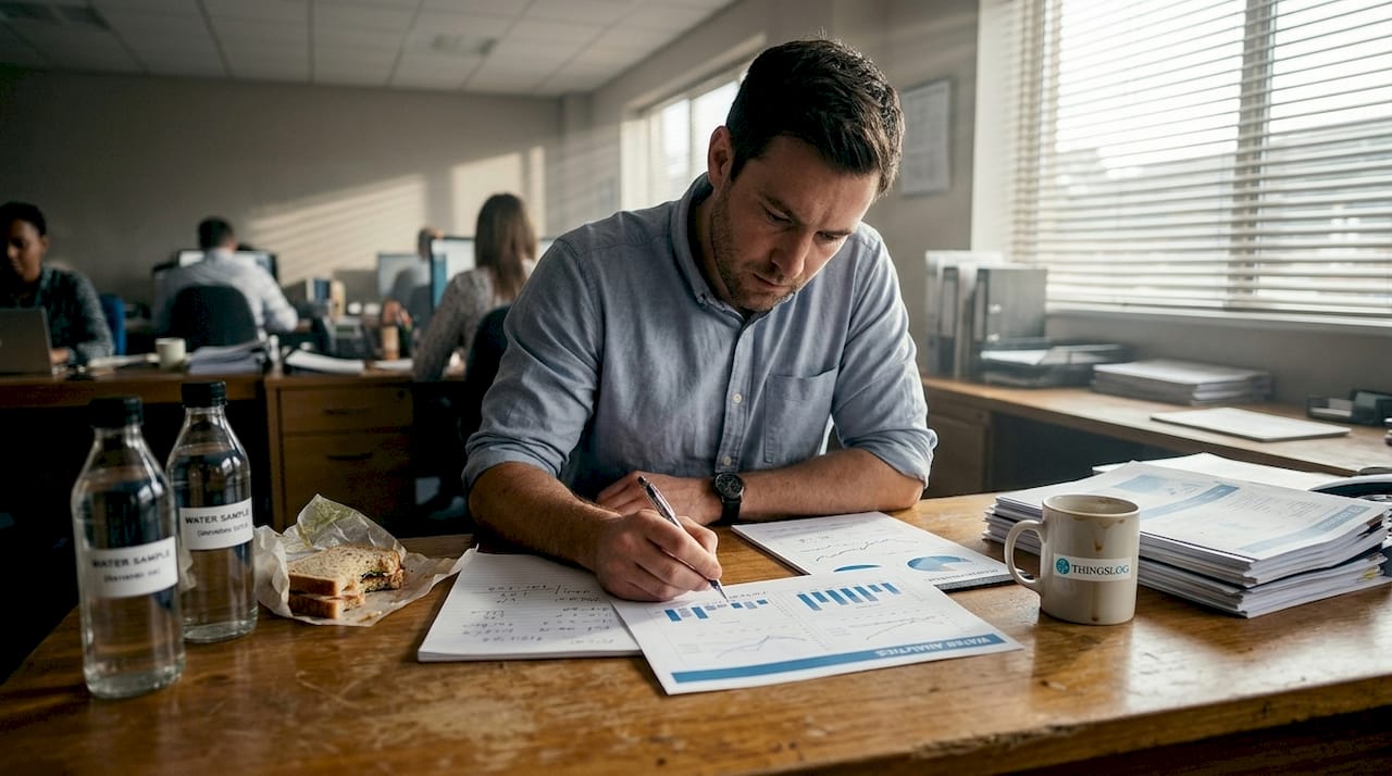 Engineer reviews water analytics at utility company