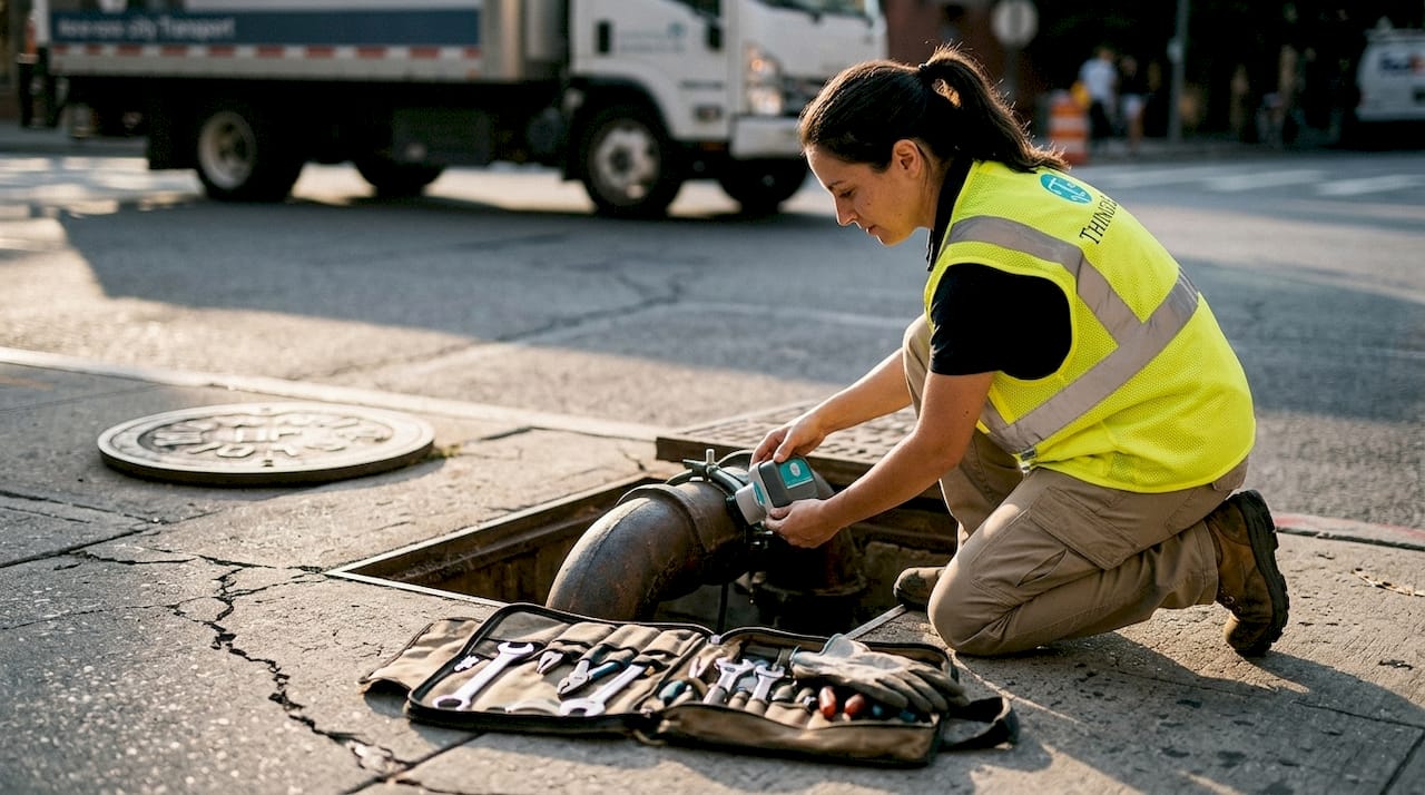 Technician adjusts wireless sensor on water pipe