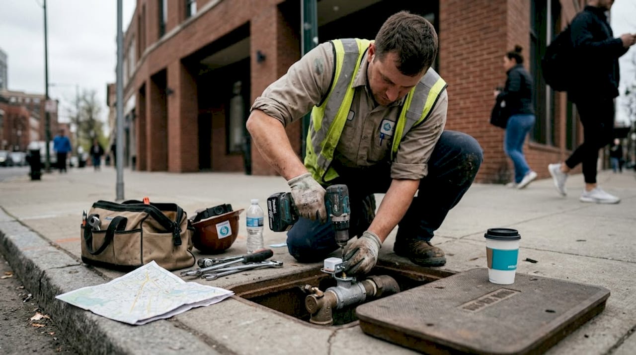 Technician installs IoT sensor on water main