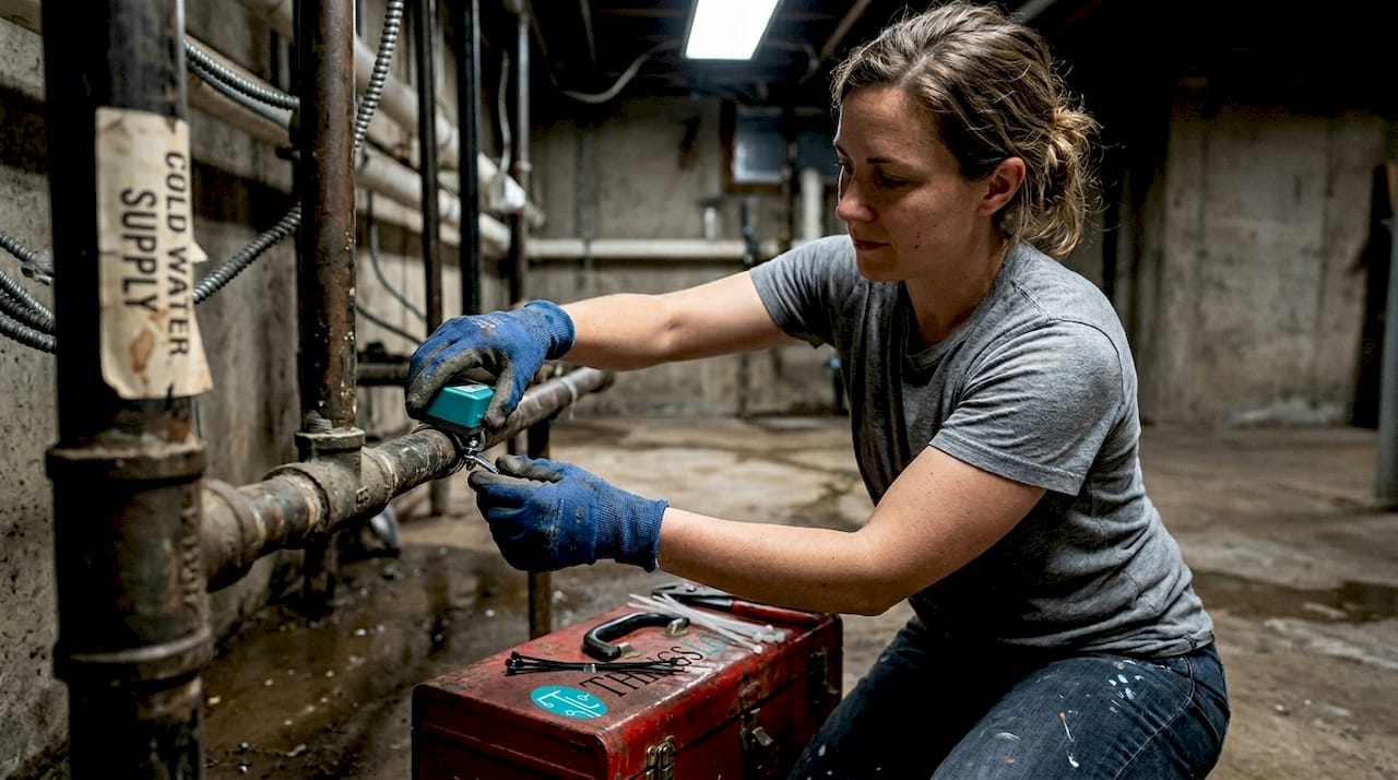 Technician installing clamp-on water sensor
