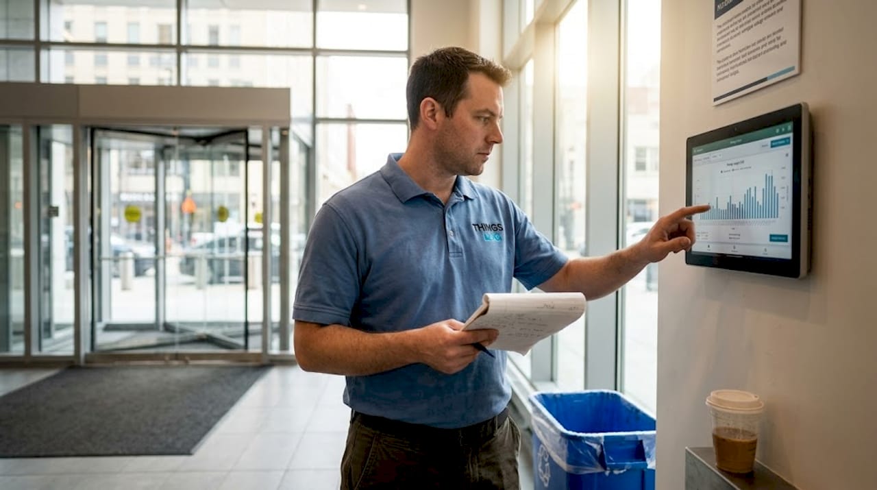 Technician checking smart building automation panel