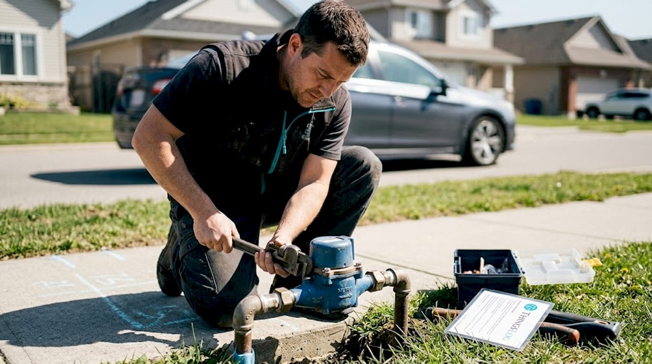 Technician installing water meter outdoors