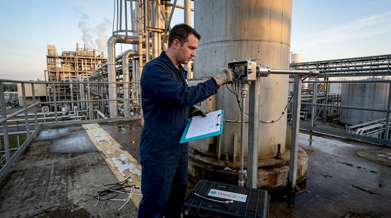 Technician inspecting emissions monitor on industrial stack