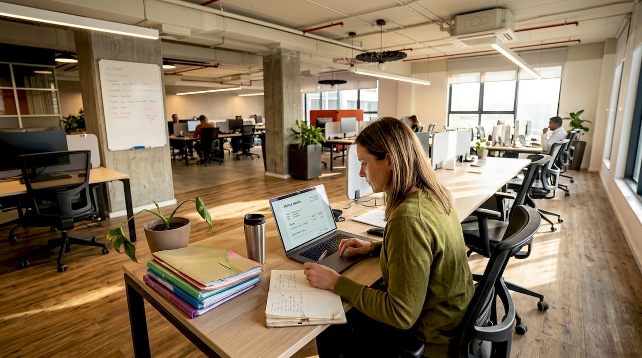 Entrepreneur checks invoice in serviced office