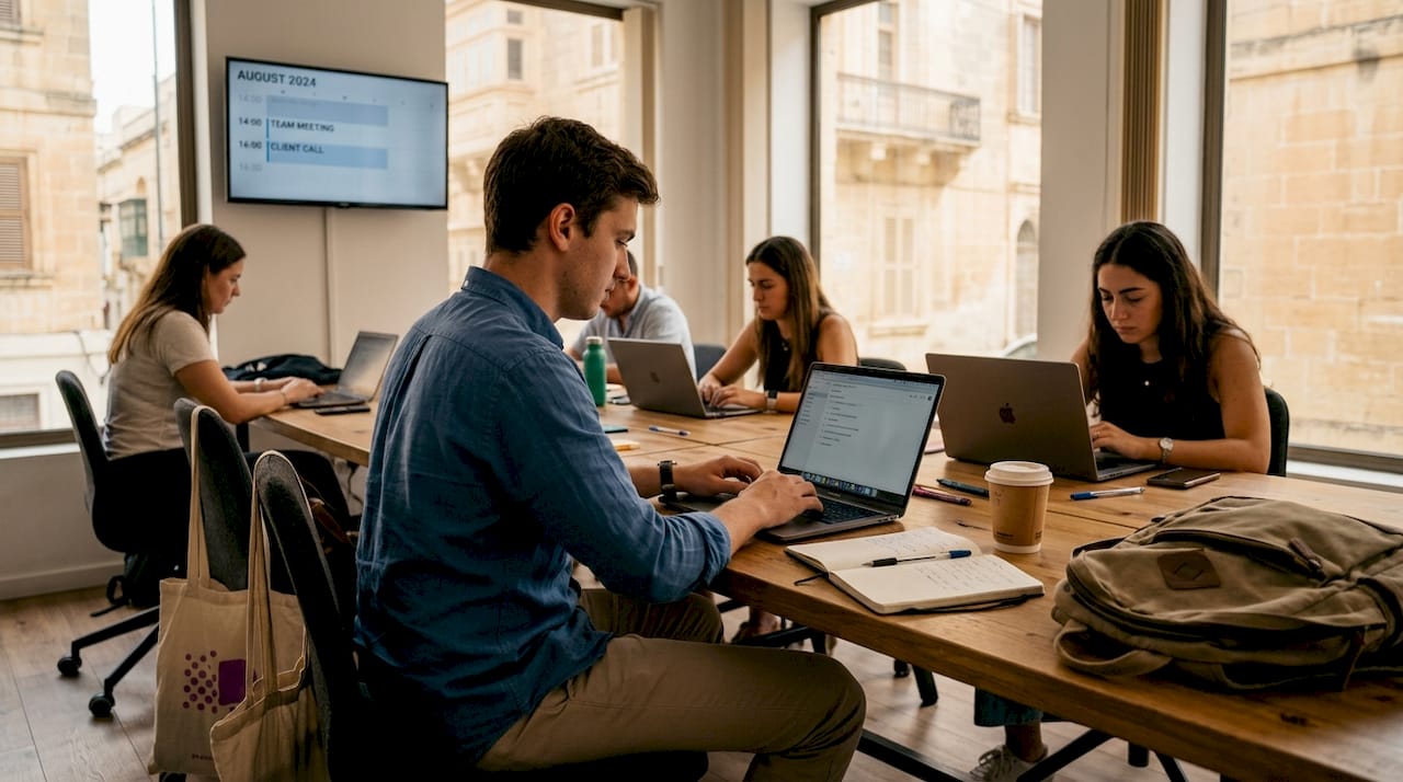 Busy Malta coworking office during workday