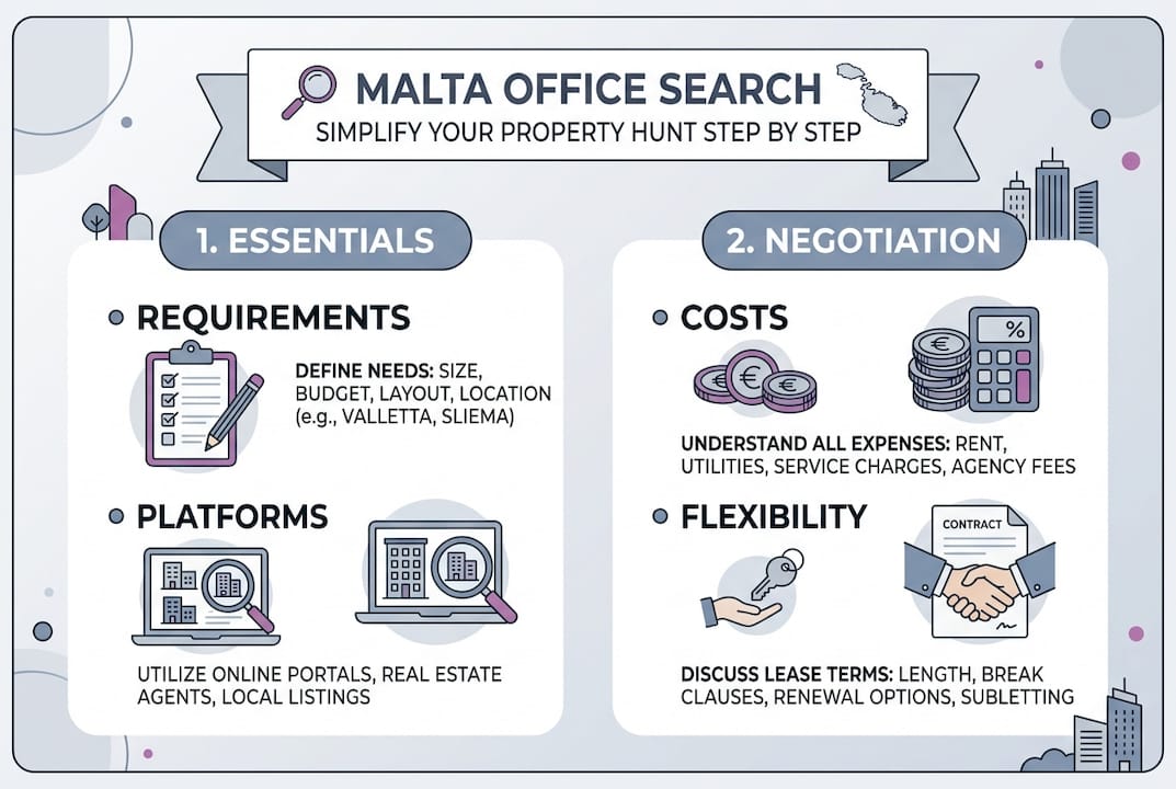 Infographic showing Malta office search workflow
