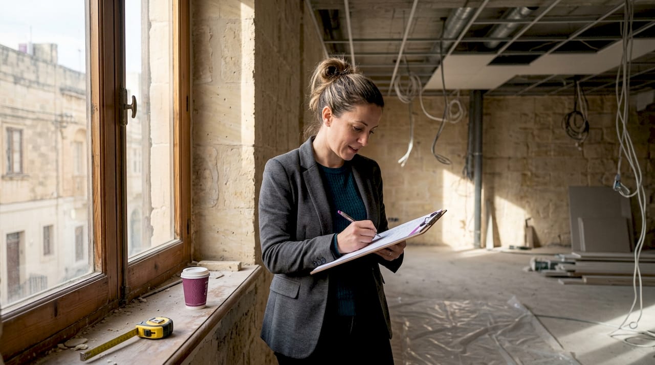 Manager inspects unfurnished Malta office fit-out