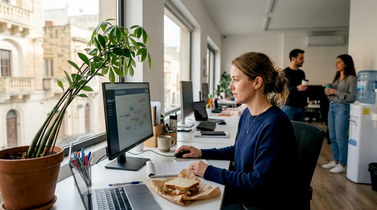 Worker at busy Malta shared office desk