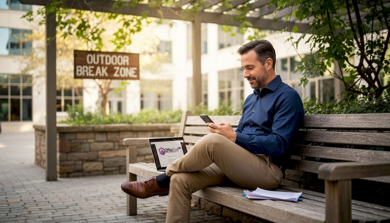 Employee taking break in office courtyard