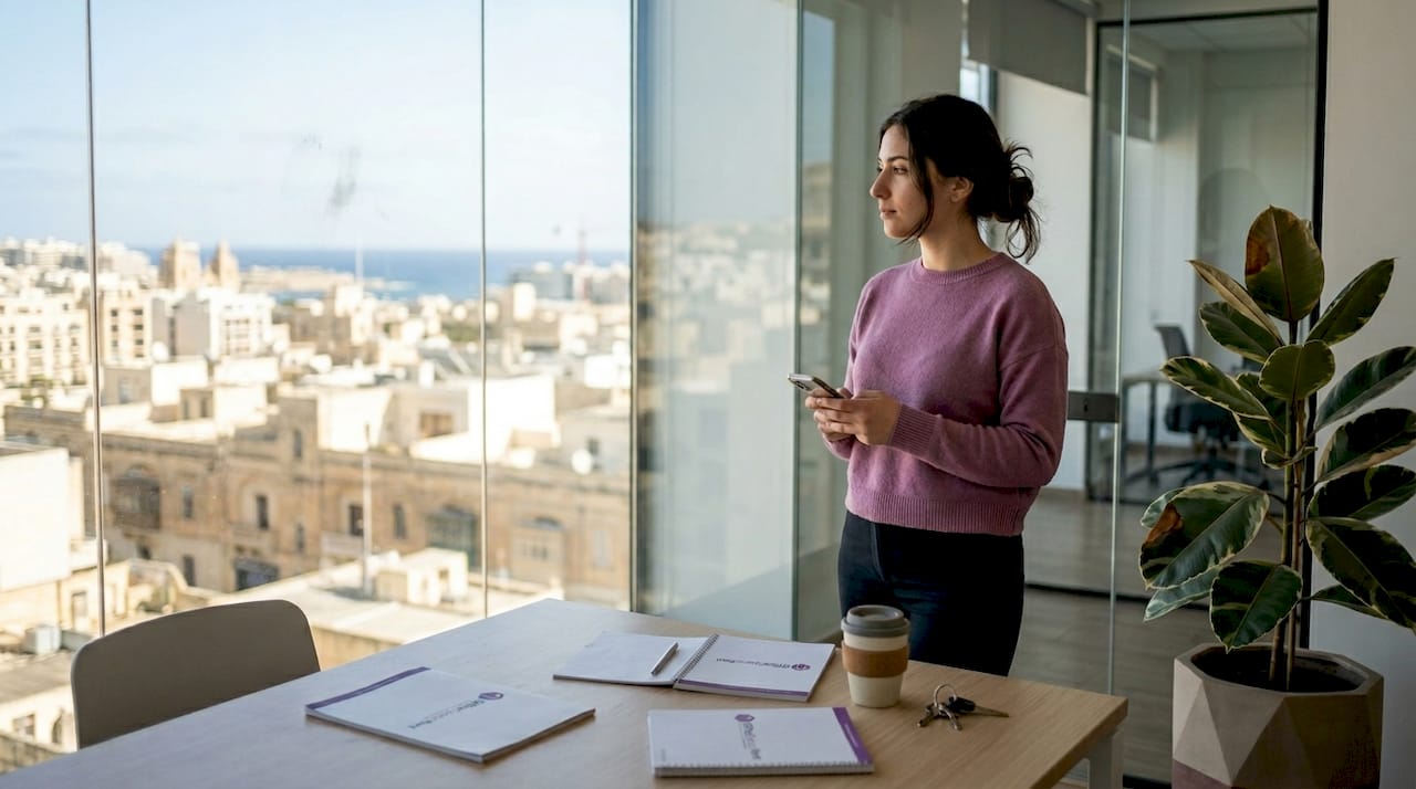 Employee with Sliema skyline office view