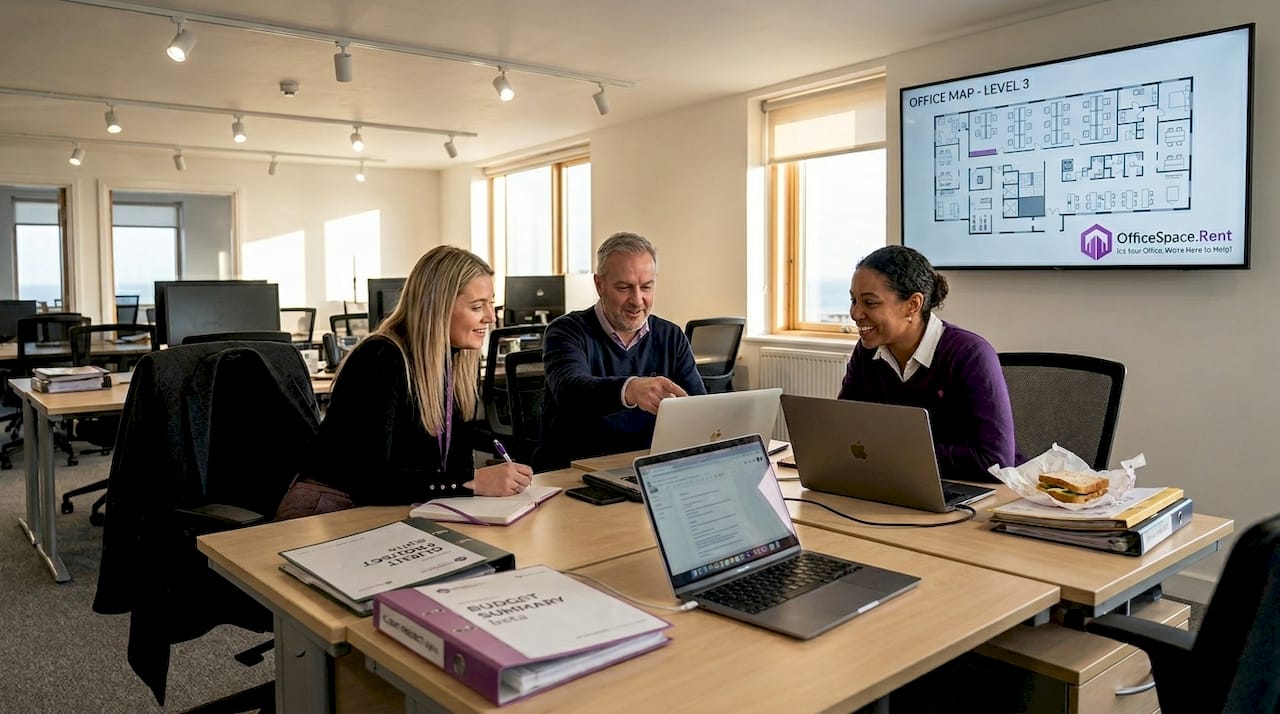 Open-plan desk layout with team at work