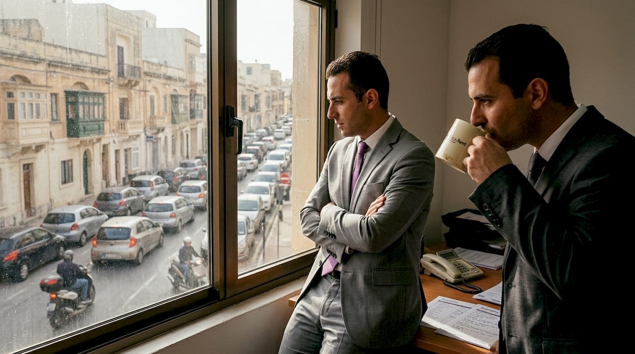 Businessmen overlooking Malta city traffic jam