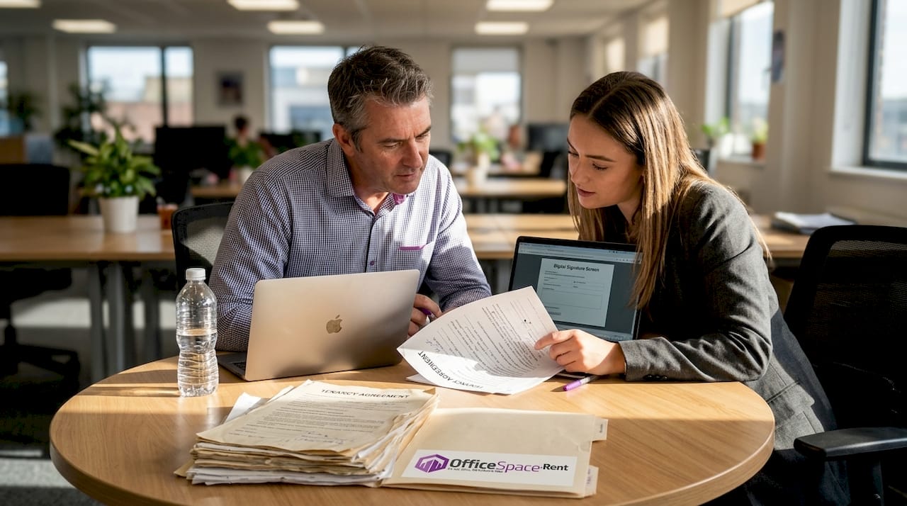 Signing office lease in open workspace