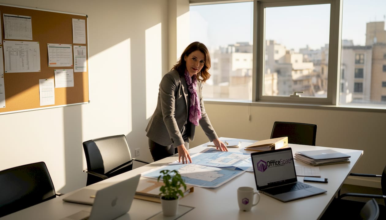 Manager reviewing floor plans in refitted Malta office