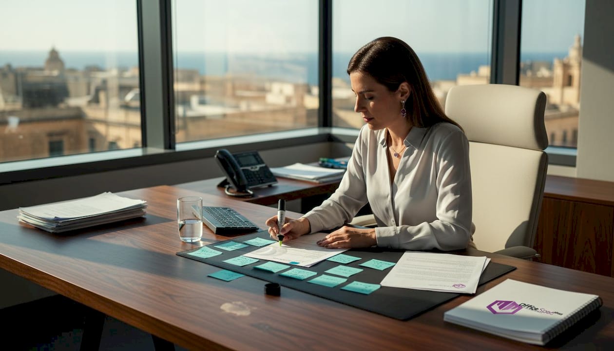 Manager reviewing Maltese lease agreement in real office