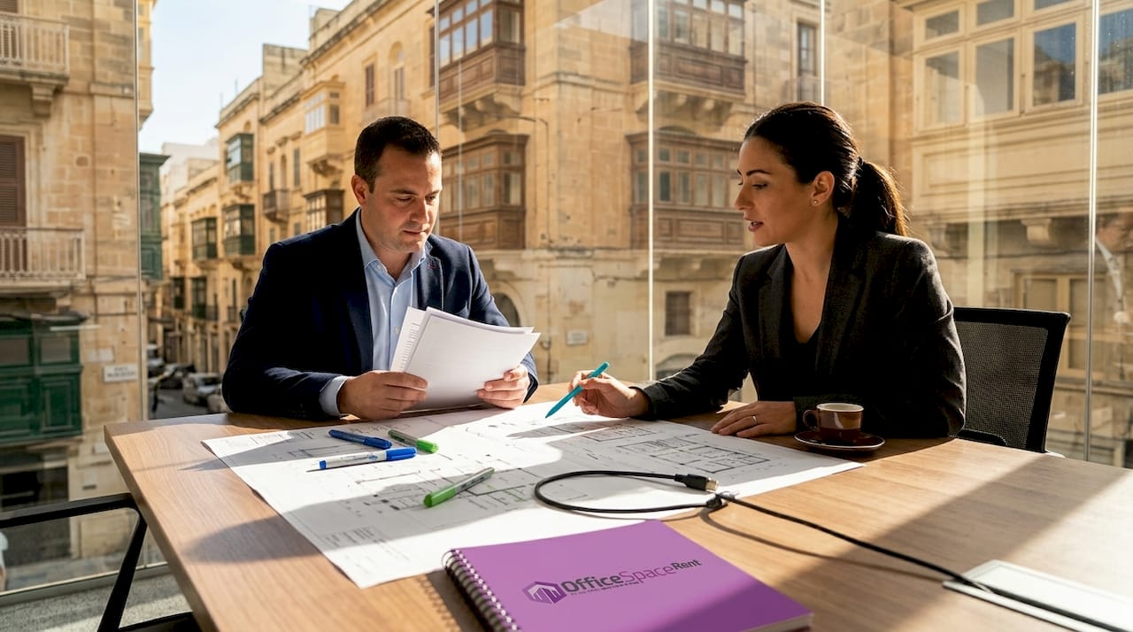 Office meeting reviewing fit-out plans in Malta conference room