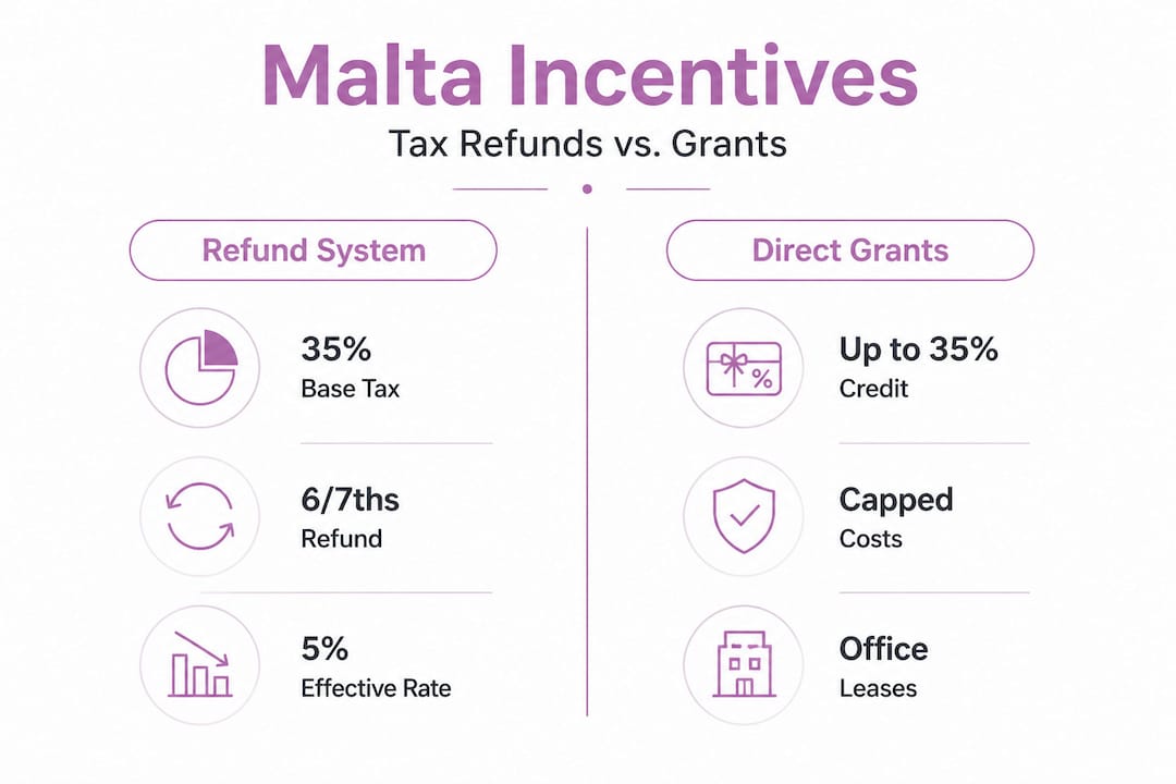 Infographic comparing Malta tax refunds and grants