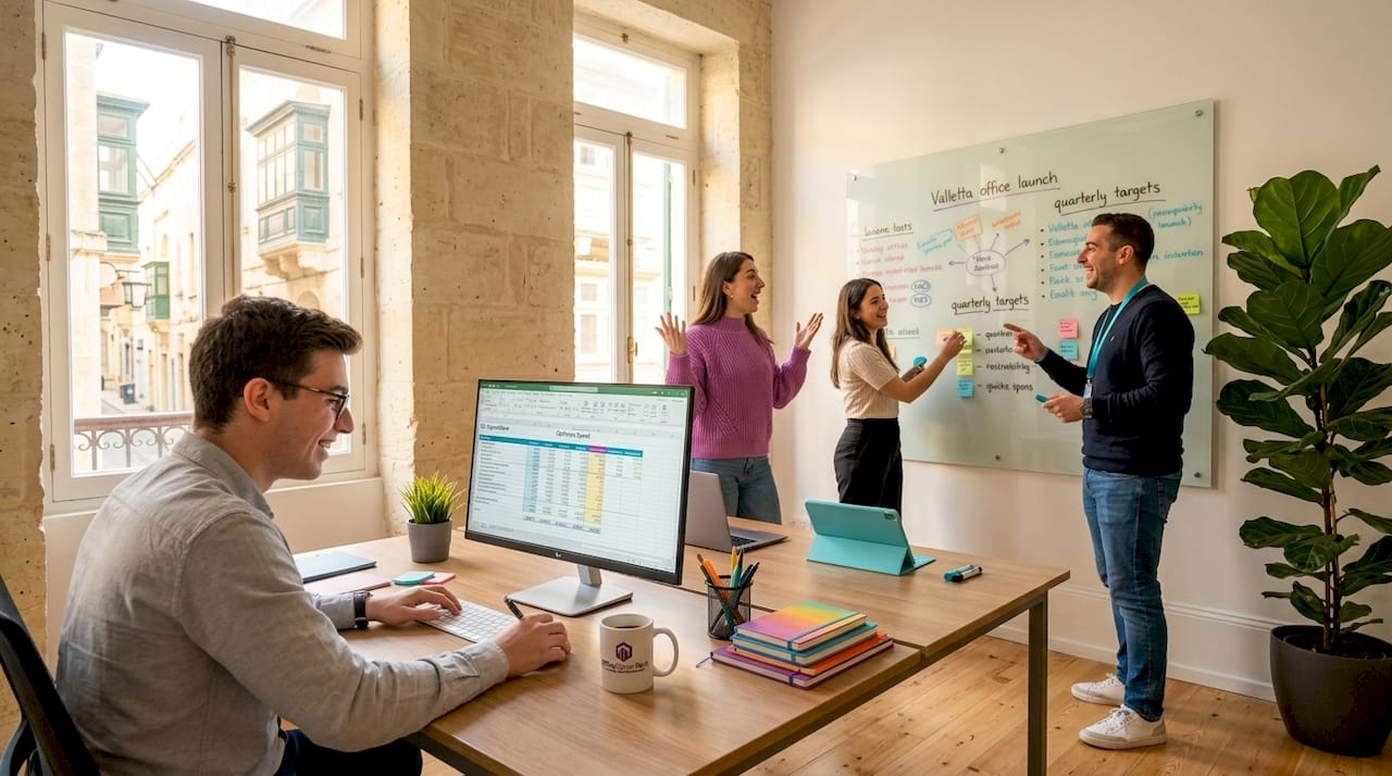 Startup team working in small Valletta office