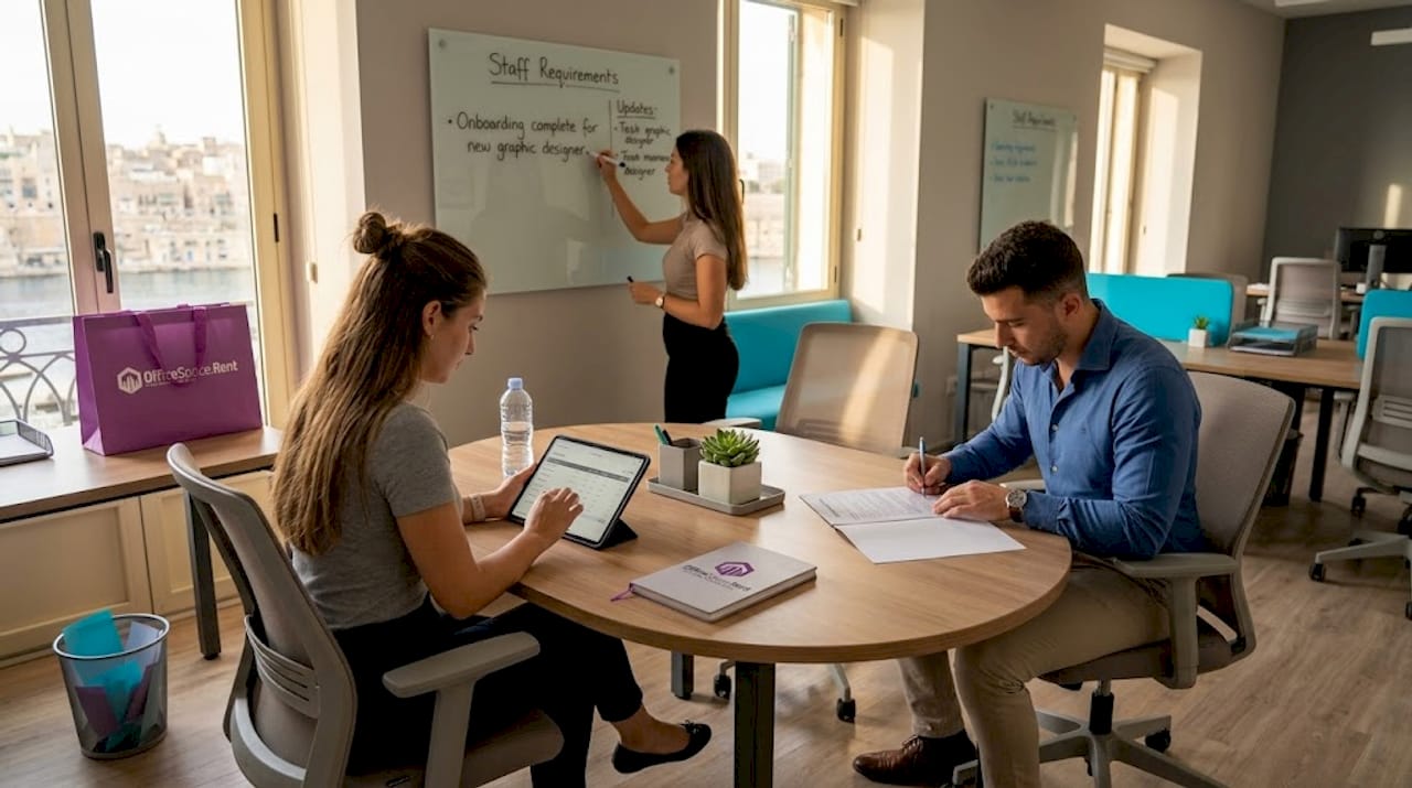 Startup team collaborating in open-plan Malta office