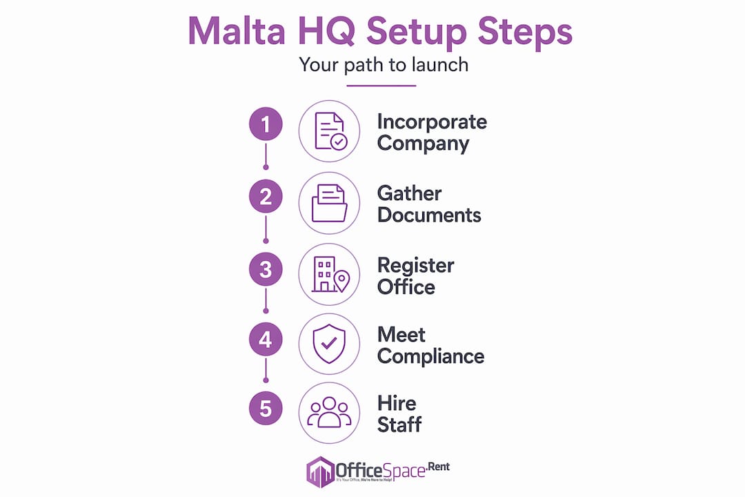 Infographic with five vertical steps for Malta HQ setup