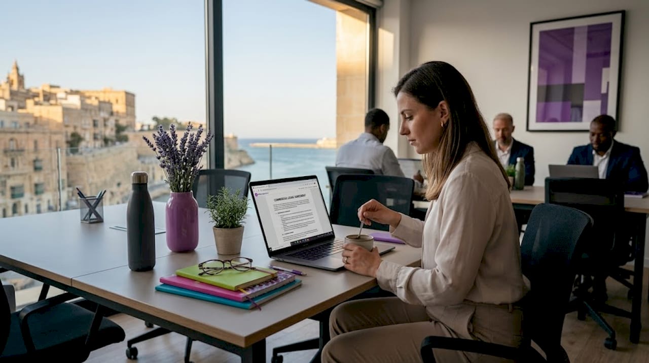 Coworker reviewing lease in shared Malta office