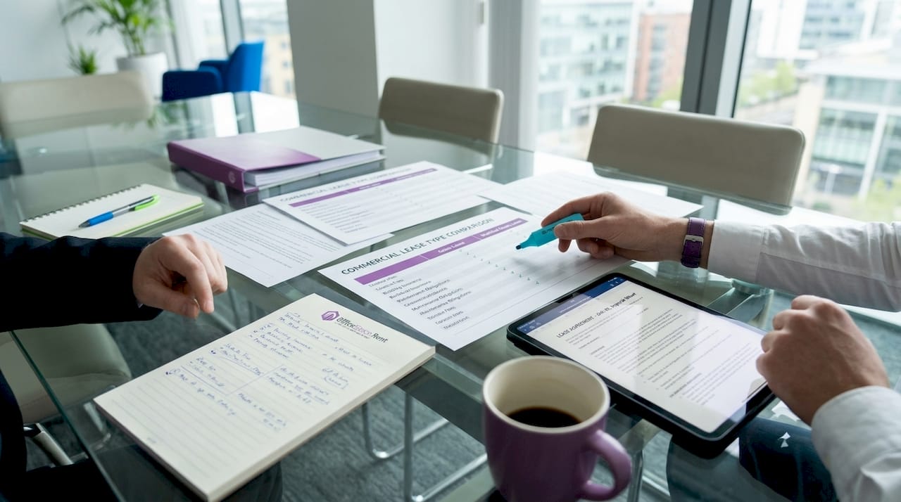 Hands pointing at commercial lease comparison charts
