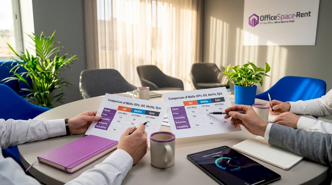 Hands pointing at ISP comparison charts in Malta office