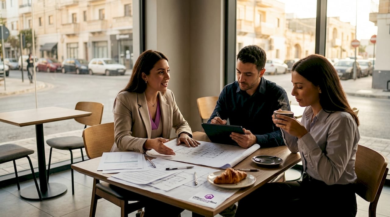 Team collaborating in Mrieħel office with blueprints