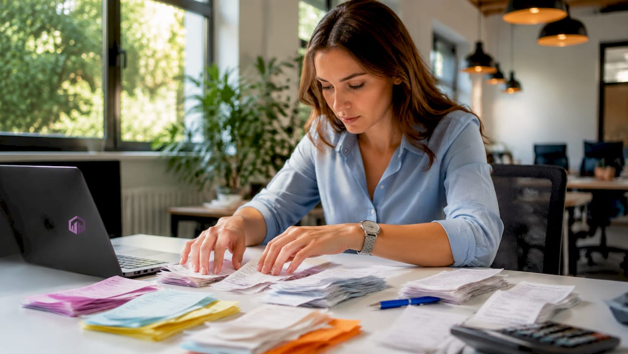 Accountant sorting deductible office rental expenses receipts