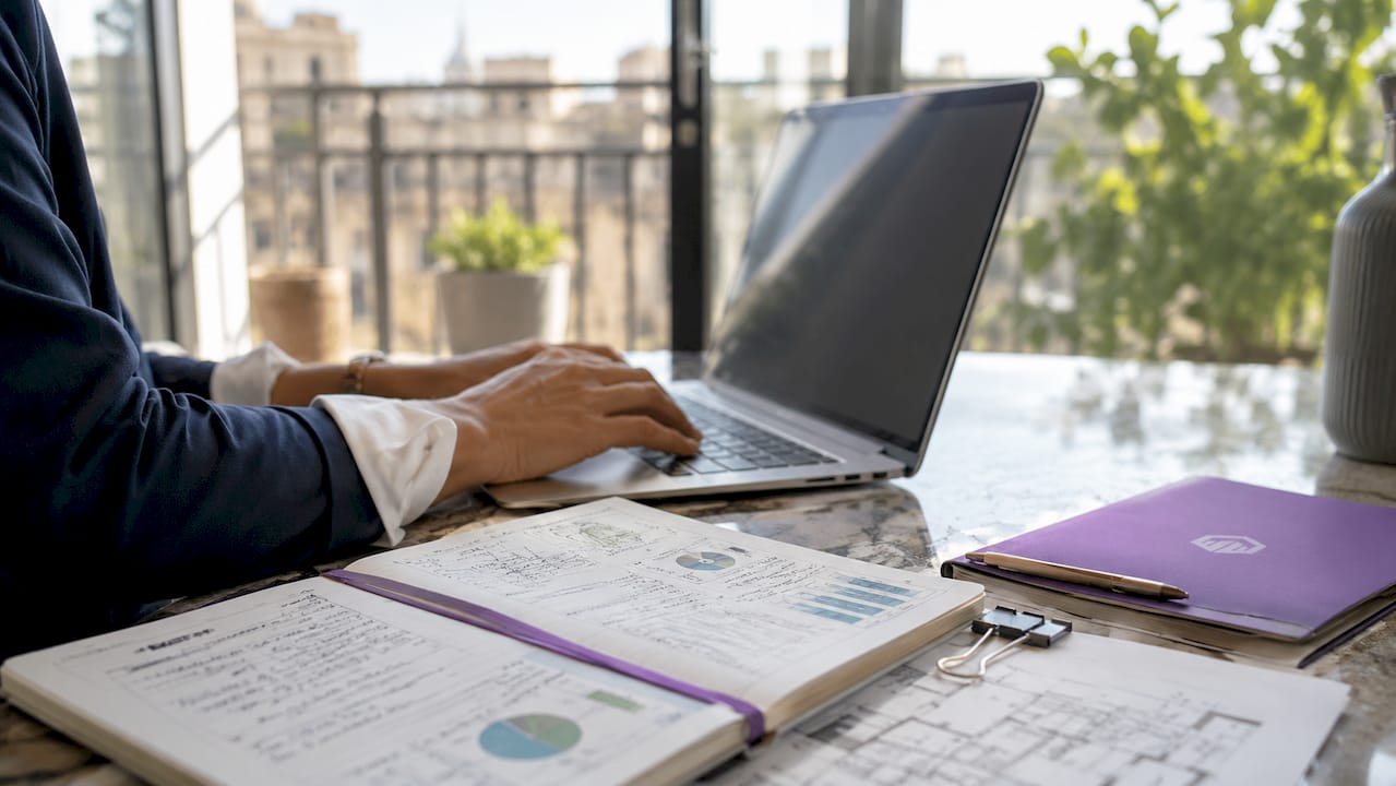 Overhead view of hands calculating office rent with laptop and floor plans