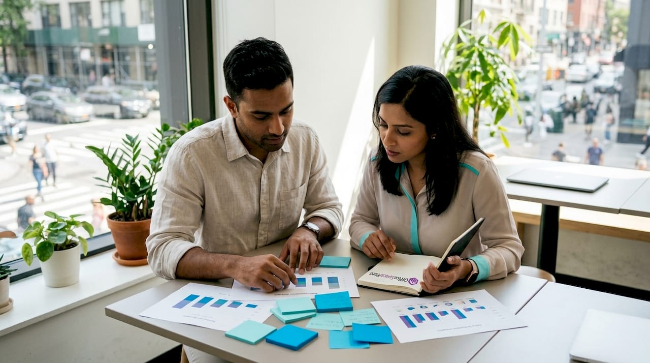 Colleagues reviewing space analytics charts