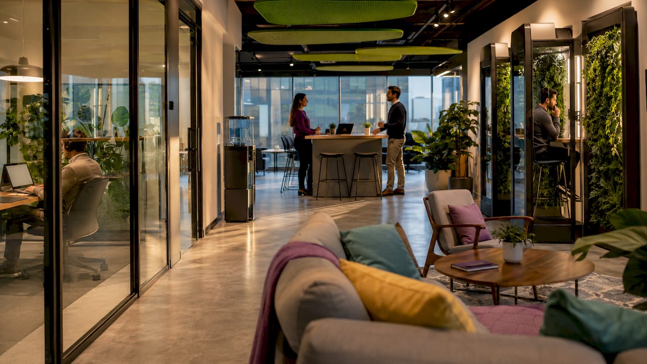 Zoned open office layout with distinct work areas