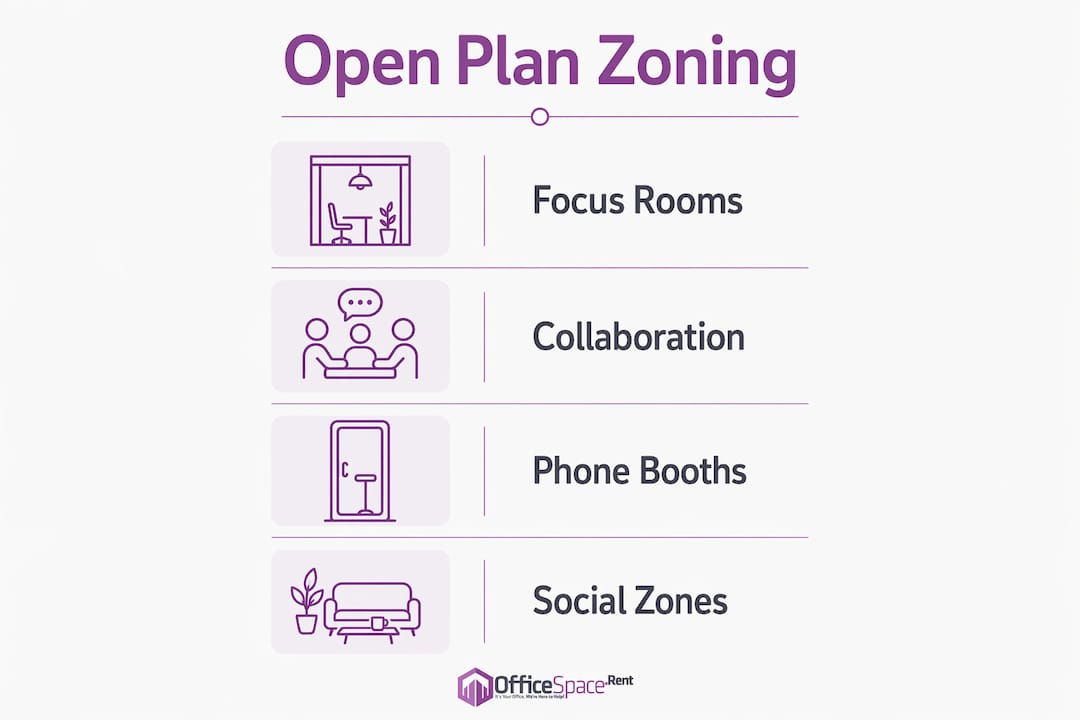 Infographic illustrating open plan office zoning areas