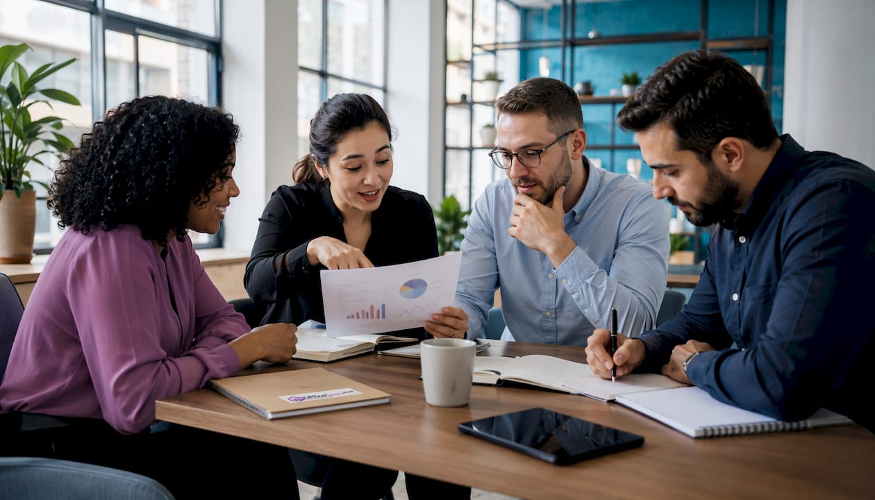 Colleagues discussing hybrid work in office