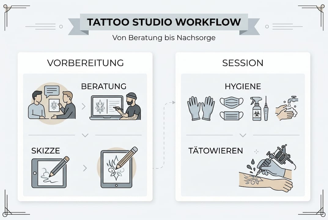 Ablauf im Tattoo-Studio: Von der ersten Beratung bis zur optimalen Nachsorge – eine Infografik